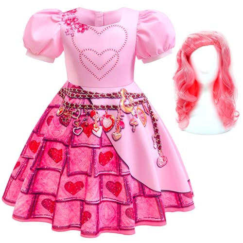 Hallojojo Mädchen Descendants Cosplay Kostüm mit Perücke Descendants Verkleidung Rise of Red Kostüm Rote Königin Rosa Kleid Weihnachten Halloween Karneval Party Fancy Kostüm für Kinder von Hallojojo