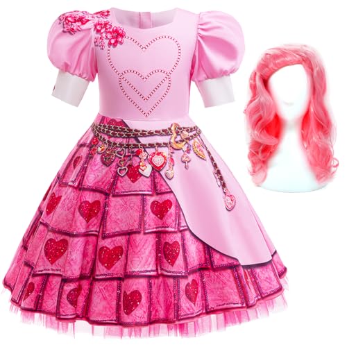 Hallojojo Mädchen Descendants Cosplay Kostüm mit Perücke Descendants Verkleidung Rise of Red Kostüm Rote Königin Rosa Kleid Weihnachten Halloween Karneval Party Fancy Kostüm für Kinder von Hallojojo