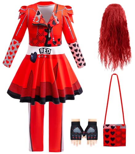 Hallojojo Mädchen Descendants Kostüm Kleider Hosen mit Perücke Descendants Red Verkleidung Rise of Red Kostüm Rote Königin Uniform Weihnachten Halloween Karneval Party Fancy Kostüm Kinder von Hallojojo