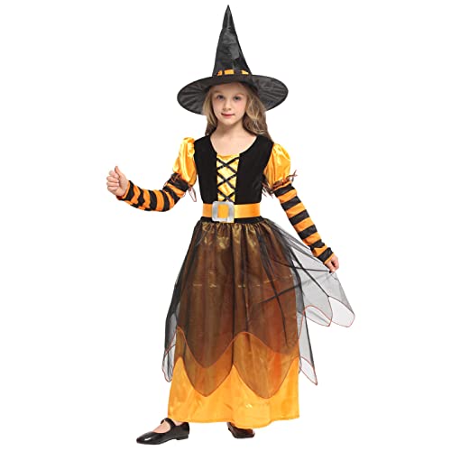 Hallojojo Mädchen Hexenkostüm mit Hut Witch Verkleidung Kinder Hexen Kleid Halloween Karneval Fasching Party Cosplay Outfits Orange 3-9 Jahre von Hallojojo