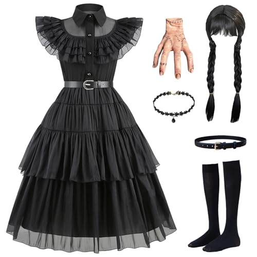 Hallojojo Mädchen Wenesday Addams Cosplay Kostüm mit Perücke Wenesday Verkleidung Mittwoch Kostüm Schwarz Ballkleid Gothic Kleid Weihnachten Halloween Karneval Party Fancy Kostüm für Kinder von Hallojojo