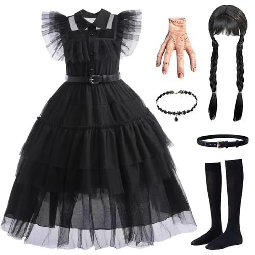 Hallojojo Mädchen Wenesday Addams Cosplay Kostüm mit Perücke Wenesday Verkleidung Mittwoch Kostüm Schwarz Ballkleid Gothic Kleid Weihnachten Halloween Karneval Party Fancy Kostüm für Kinder von Hallojojo