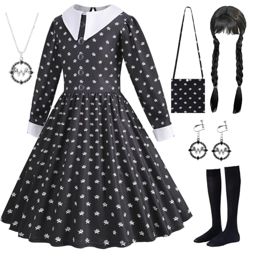 Hallojojo Mädchen Wenesday Addams Cosplay Kostüm mit Perücke Wenesday Verkleidung Mittwoch Kostüm Schwarz Gothic Kleid Weihnachten Halloween Karneval Party Fancy Kostüm für Kinder von Hallojojo