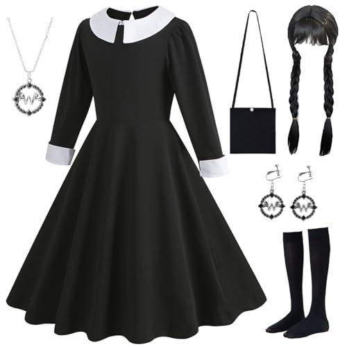 Hallojojo Mädchen Wenesday Addams Cosplay Kostüm mit Perücke Wenesday Verkleidung Mittwoch Kostüm Schwarz Gothic Kleid Weihnachten Halloween Karneval Party Fancy Kostüm für Kinder von Hallojojo