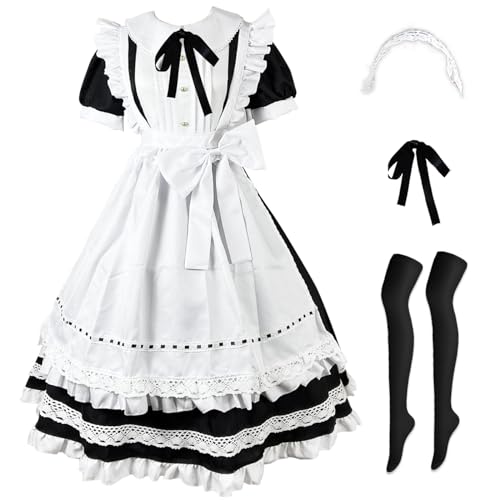 Hallojojo Maid Dress Anime Maid Kleid Tradition Britisches Dienstmädchen Kostüm Niedliche Lolita Kleid Halloween Karneval Party Cosplay Maid Kostüm Lang von Hallojojo