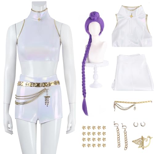 Hallojojo Rumi Kostüm Damen Fasching Cosplay Anime Dämon Jäger Rumi Dance Show Uniform Set Top Hose Con Zubehör und Perücke für Halloween Karneval Party Maskenball Fest Verkleidung, Weiß Hallojojo Rumi Kostüm Damen Fasching Cosplay Anime Dämon Jäger Rumi Dance Show Uniform Set Top Hose Con Zubehör und Perücke für Halloween Karneval Party Maskenball Fest Verkleidung, Weiß von Hallojojo