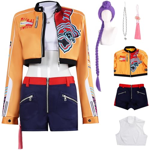 Hallojojo Rumi Kostüm Damen Fasching Cosplay Anime Dämon Jäger Rumi Uniform Set Jacke Oberteil Hose Halskette Anhänger und Perücken für Halloween Karneval Party Maskenball Fest Verkleidung Hallojojo Rumi Kostüm Damen Fasching Cosplay Anime Dämon Jäger Rumi Uniform Set Jacke Oberteil Hose Halskette Anhänger und Perücken für Halloween Karneval Party Maskenball Fest Verkleidung von Hallojojo