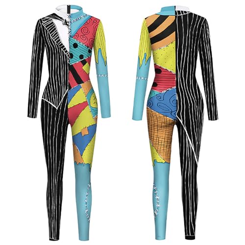 Hallojojo Sally Kostüm Jumpsuit Damen Halloween Cosplay Outfit Jack Skellington Sally Verkleidung Skelett Braut Kostüm Gothic Weihnachten Halloween Karneval Party Bühnenauftritt Kostüm von Hallojojo