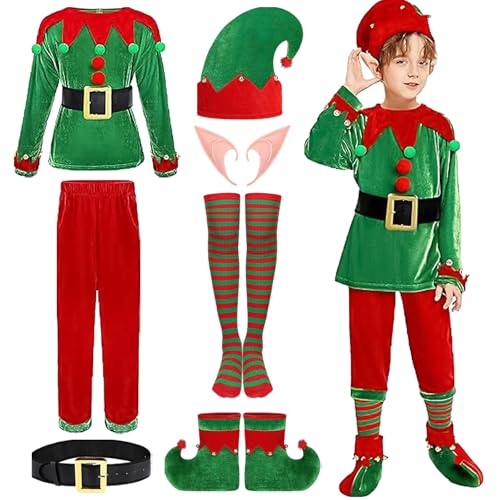 Hallojojo Weihnachtself Kostüm für Jungen Set 7-teiliges Elf Kostüm Weihnachten Elf Verkleidung Kinder Elfenkleidung Halloween Karneval Party Performance Weihnachten Kostüm Fancy Dress von Hallojojo