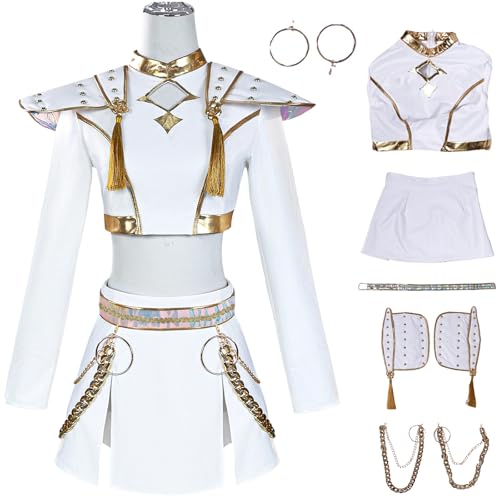 Hallojojo Zoey Kostüm Damen Fasching Cosplay Anime Dämon Jäger Zoey Dance Show Uniform Set Top Rock Con Zubehör und Perücke für Halloween Karneval Party Maskenball Fest Verkleidung, Weiß Hallojojo Zoey Kostüm Damen Fasching Cosplay Anime Dämon Jäger Zoey Dance Show Uniform Set Top Rock Con Zubehör und Perücke für Halloween Karneval Party Maskenball Fest Verkleidung, Weiß von Hallojojo