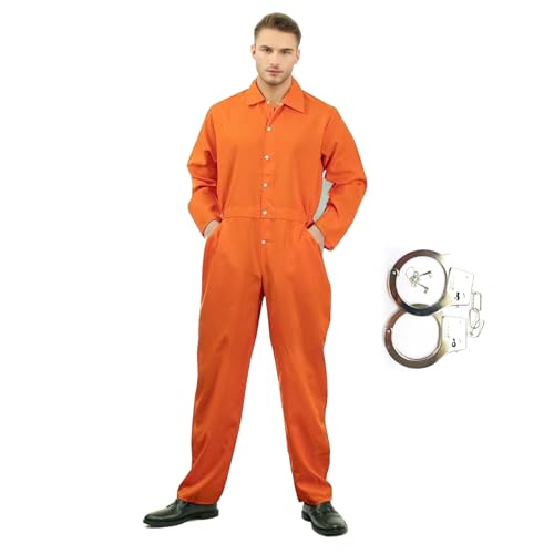 Gefängnis Kostüm Orange Häftling Kostüm Herren Prison Orangener Overall Gefangener Kostüm Cosplay Herren Karneval Halloween Kostüm (Orange, 2XL) von Hallowcoss