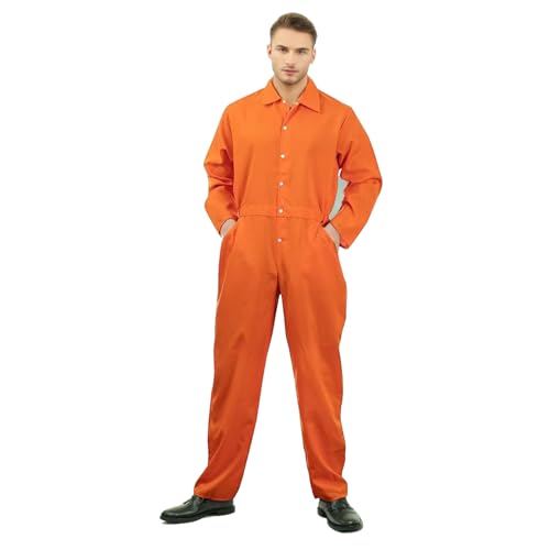 Gefängnis Kostüm Orange Häftling Kostüm Herren Prison Orangener Overall Gefangener Kostüm Cosplay Herren Karneval Halloween Kostüm (Orange, 2XL) von Hallowcoss