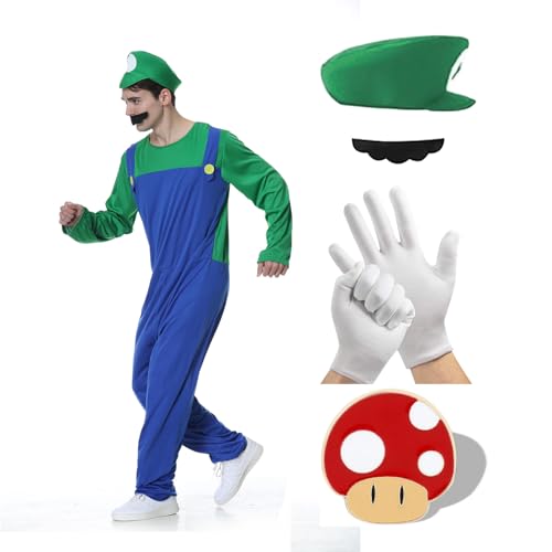 Mario Kostüm Brothers Cosplay Kostüm,5 Pcs Mario und Luigi Bodysuit Kostüm Damen mit Hut Handschuhe Bart Die brosche für Karneval Halloween Cosplay (Grün/Herren, M) von Hallowcoss