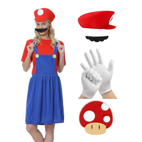 Mario Kostüm Brothers Cosplay Kostüm,5 Pcs Mario und Luigi Bodysuit Kostüm Damen mit Hut Handschuhe Bart Die brosche für Karneval Halloween Cosplay (Rot/Damen, L) von Hallowcoss