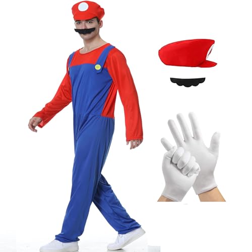 Mario Kostüm Brothers Cosplay Kostüm,5 Pcs Mario und Luigi Bodysuit Kostüm Damen mit Hut Handschuhe Bart Die brosche für Karneval Halloween Cosplay (Rot/Herren, L) von Hallowcoss