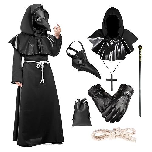 Hallowcoss Pestdoktor Kostüm Herren,8 Pcs Pestarzt Halloween Kostüm mit Pestdoktor Maske Plague Doctor Costume (black, L) von Hallowcoss