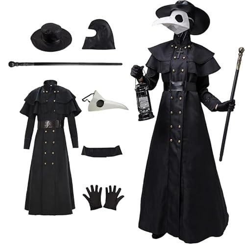 Pestdoktor Kostüm Set, Plague Doctor Costume Pest Doktor Kostüm Herren Outfits,8 Pcs Pestarzt Halloween Kostüm mit Pestdoktor Maske (Schwarz 2, L) von Hallowcoss