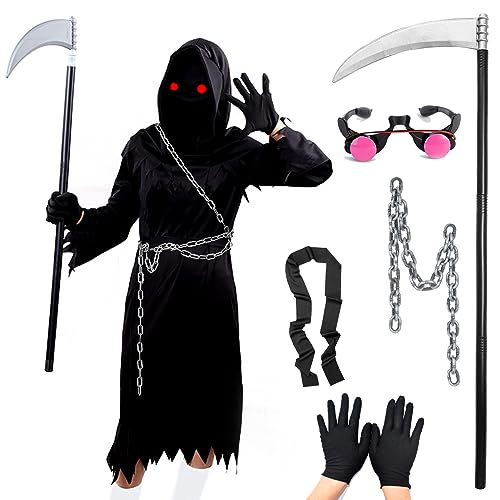 Sensenmann Kostüm Halloween Kostüm 7 Pcs Halloween Kostüm Kinder Jungen mit Brille Sense Kette Gürtel für Halloween Cosplay (Schwarz, Large) von Hallowcoss