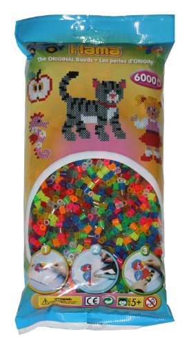 Hama Perlen 205-80 Bügelperlen Beutel mit ca. 6.000 bunten Midi Bastelperlen mit Durchmesser 5 mm im Neon Transparent Mix, kreativer Bastelspaß für Groß und Klein von Hama Perlen