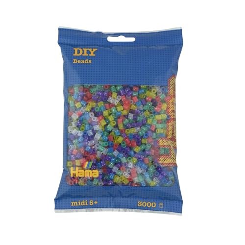 Hama Perlen 201-54 Bügelperlen Beutel mit ca. 3.000 bunten Midi Bastelperlen mit Durchmesser 5 mm im Transparent Glitter Mix, kreativer Bastelspaß für Groß und Klein von Hama Perlen