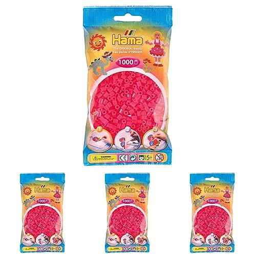 Hama Perlen 207-32 Bügelperlen Beutel mit ca. 1.000 Midi Bastelperlen mit Durchmesser 5 mm in Neon Pink, kreativer Bastelspaß für Groß und Klein (Packung mit 4) von Hama Perlen