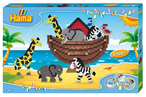 Hama Perlen 3045 Geschenk-Set Arche Noah mit ca. 5.000 bunten Midi Bügelperlen mit Durchmesser 5 mm, Motivvorlagen und 5 Stiftplatten, inkl. Bügelpapier, kreativer Bastelspaß für Groß und Klein von HAMA