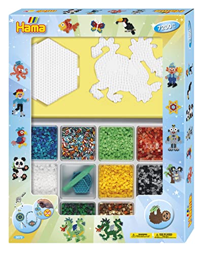 Hama Perlen 3072 Geschenk-Set mit Box mit ca. 7.200 bunten Midi Bügelperlen mit Durchmesser 5 mm, Motivvorlage und 2 Stiftplatten, inkl. Bügelpapier, kreativer Bastelspaß für Groß und Klein von Hama