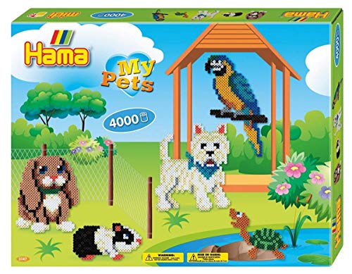 Hama Perlen 3147 Geschenk-Set Meine Haustiere mit ca. 4.000 bunten Midi Bügelperlen mit Durchmesser 5 mm, Motivvorlagen und 2 Stiftplatten, inkl. Bügelpapier, kreativer Bastelspaß für Groß und Klein von Hama Perlen