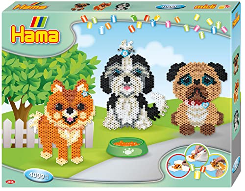 Hama Perlen 3156 Geschenk-Set Hunde mit ca. 4.000 bunten Midi Bügelperlen mit Durchmesser 5 mm, Motivvorlage und Stiftplatten, inkl. Bügelpapier, kreativer Bastelspaß für Groß und Klein von HAMA