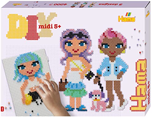 Hama Perlen 3159 Bügelperlen Fashion Girls, Geschenkpackung mit ca. 4.000 Midi-Perlen, 2 quadratischen Stiftplatten zum Zusammenstecken, Motivvorlage, Bügelpapier, für Kinder ab 5 Jahren von HAMA