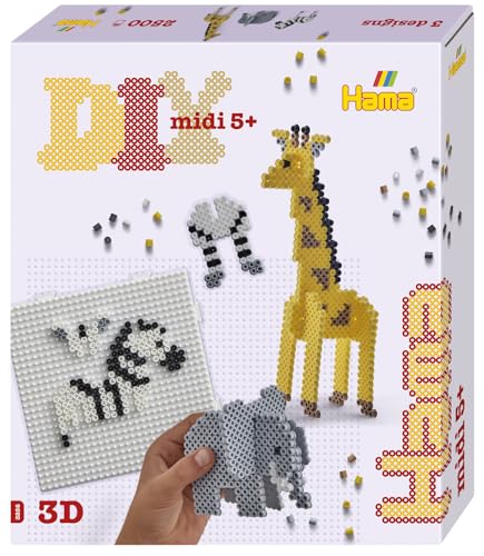 HAMA Perlen 3256 Bügelperlen 3D Safari, Geschenkpackung mit ca. 2.500 Midi-Perlen, Einer quadratischen Stiftplatte zum Zusammenstecken, Motivvorlage, Bügelpapier, für Kinder ab 5 Jahren von HAMA