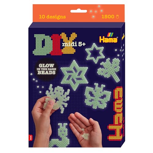 Hama Perlen 3414 Geschenk-Set Nachtleuchtend mit ca. 1.500 Midi Bügelperlen mit Durchmesser 5 mm, Motivvorlage und 3 Stiftplatten, inkl. Bügelpapier, kreativer Bastelspaß für Groß und Klein von Hama