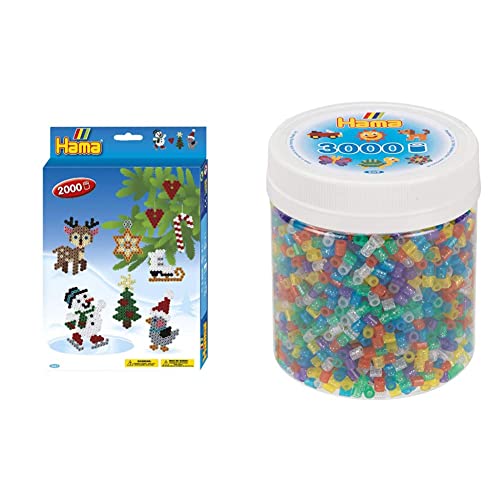 Hama Perlen 3437 Geschenk-Set Weihnachten mit ca. 2.000 bunten Midi Bügelperlen & 209-54 Bügelperlen Beutel mit ca. 3.000 bunten Midi Bastelperlen mit Durchmesser 5 mm im Transparent Glitter Mix von Hama Perlen