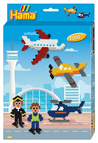 Hama Perlen 3445 Geschenk-Set Flughafen mit ca. 2.000 bunten Midi Bügelperlen mit Durchmesser 5 mm, Motivvorlage und Stiftplatte, inkl. Bügelpapier, kreativer Bastelspaß für Groß und Klein von HAMA