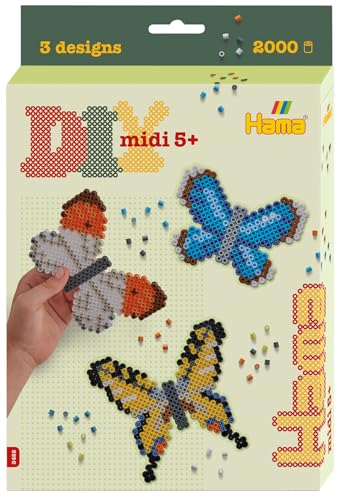 HAMA Perlen 3452 - Starter-Set Schmetterlinge mit ca. 2000 bunten Midi Bügelperlen mit Durchmesser 5 mm, Motivvorlage und Stiftplatte, inkl. Bügelpapier, kreativer Bastelspaß für Groß und Klein von HAMA