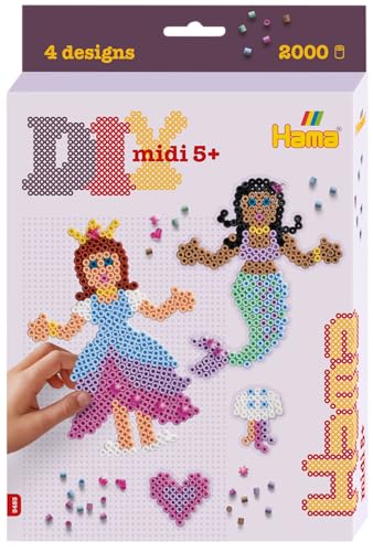 Hama Perlen 3453 Bügelperlen Prinzessin und Meerjungfrau, kleine Geschenkpackung mit ca. 2.000 Midi-Perlen, Stiftplatte, Motiv-Vorlage, Bügelpapier, für Kinder ab 5 Jahren von Hama Perlen