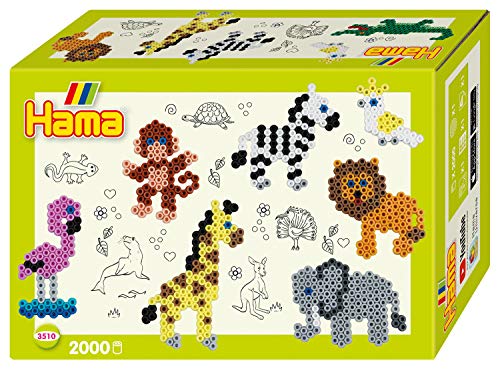 Hama Perlen 3510 Geschenk-Set Zootiere mit ca. 2.000 bunten Midi Bügelperlen mit Durchmesser 5 mm, Motivvorlage und Stiftplatte, inkl. Bügelpapier, kreativer Bastelspaß für Groß und Klein von Hama