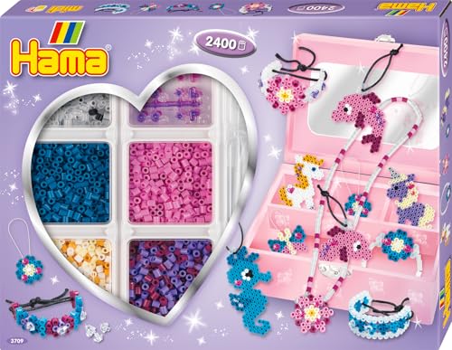 Hama Perlen 3709 Kreativbox Accessoires mit ca. 2.400 bunten Midi Bügelperlen mit Durchmesser 5 mm, Stiftplatte und Zubehör, inkl. Bügelpapier, kreativer Bastelspaß für Groß und Klein von Hama Perlen