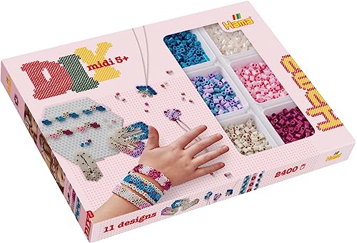 Hama Perlen 3712 Bügelperlen Kreativ-Schmuck, Geschenkbox, mit ca. 2400 Midi-Perlen, inkl. sechseckiger Stiftplatte, Motivvorlage, Bügelpapier, Haarzubehör, für Kinder ab 5 Jahren von HAMA