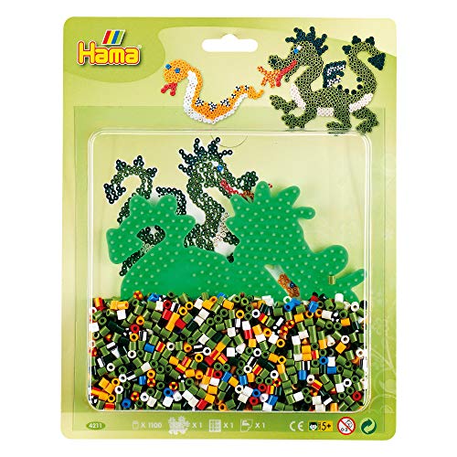 Hama Perlen 4211 Set Drache mit ca. 1.100 bunten Midi Bügelperlen mit Durchmesser 5 mm, Stiftplatte, inkl. Bügelpapier, kreativer Bastelspaß für Groß und Klein von Hama