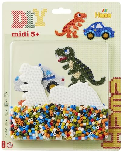 Hama Perlen 4215 Bügelperlen Dino und Auto, Blisterpackung mit ca. 1.100 Midi-Perlen, 2 Stiftplatten zum Zusammenstecken, Bügelpapier und Anleitung, für Kinder ab 5 Jahren, bunt von Hama