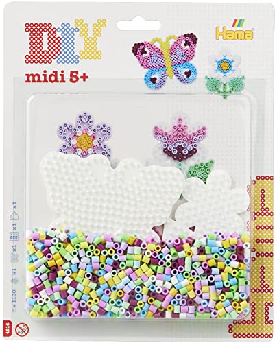 Hama Perlen 4216 Bügelperlen Blume und Schmetterling, Geschenktüte mit ca. 1100 Midi-Perlen, inkl. 2 geformten Stiftplatten, Motivvorlage, Bügelpapier, für Kinder ab 5 Jahren von HAMA