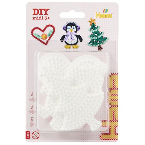 Hama Perlen 4574 Stiftplatten 3er Set für Midi Bügelperlen mit Durchmesser 5 mm, Motive Herz, Pinguin und Weihnachtsbaum in weiß, kreativer Bastelspaß für Groß und Klein von HAMA