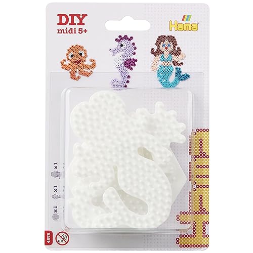 Hama Perlen 4575 Stiftplatten 3er Set für Midi Bügelperlen mit Durchmesser 5 mm, Motive Sechseck, Seepferdchen und Meerjungfrau in weiß, Bastelspaß für Groß und Klein von HAMA