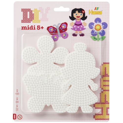 Hama Perlen 4583 Große Stiftplatten 3er Set für Midi Bügelperlen mit Durchmesser 5 mm, Motive Schmetterling, Blume und Puppe in weiß, Bastelspaß für Groß und Klein von Hama Perlen