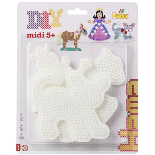 Hama Perlen 4585 Große Stiftplatten 3er Set für Midi Bügelperlen mit Durchmesser 5 mm, Motive Prinzessin, Pferd und Katze in weiß, Bastelspaß für Groß und Klein von Hama Perlen