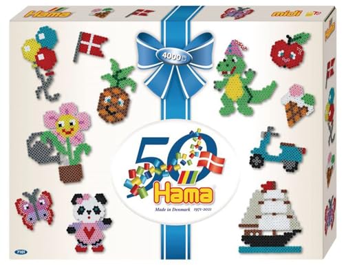 Hama Perlen 7101 Geschenk-Set Jubiläum 50 Jahre mit ca. 4.000 bunten Midi Bügelperlen mit Durchmesser 5 mm, Motiv-Vorlage und Stiftplatten, inkl. Bügelpapier, kreativer Bastelspaß für Groß und Klein von HAMA