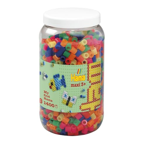 Hama Perlen 8542 Bügelperlen Dose mit ca. 1.400 bunten Maxi Bastelperlen mit Durchmesser 10 mm im Neon Mix, kreativer Bastelspaß für Groß und Klein von HAMA