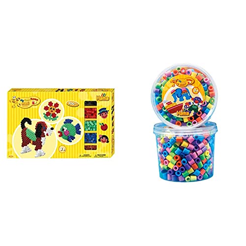 Hama Perlen 8712 Geschenkbox mit ca. 900 bunten Maxi Bügelperlen mit Durchmesser 10 mm & 8571 Bügelperlen Dose mit ca. 600 bunten Maxi Bastelperlen mit Durchmesser 10 mm im Pastellmix von Hama Perlen