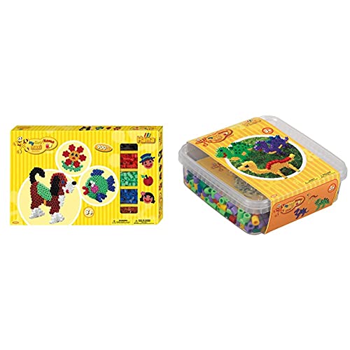 Hama Perlen 8712 Geschenkbox mit ca. 900 bunten Maxi Bügelperlen mit Durchmesser 10 mm & 8742 Box Dinosaurier mit ca. 600 bunten Maxi Bügelperlen mit Durchmesser 10 mm, Stiftplatte in transparent von Hama